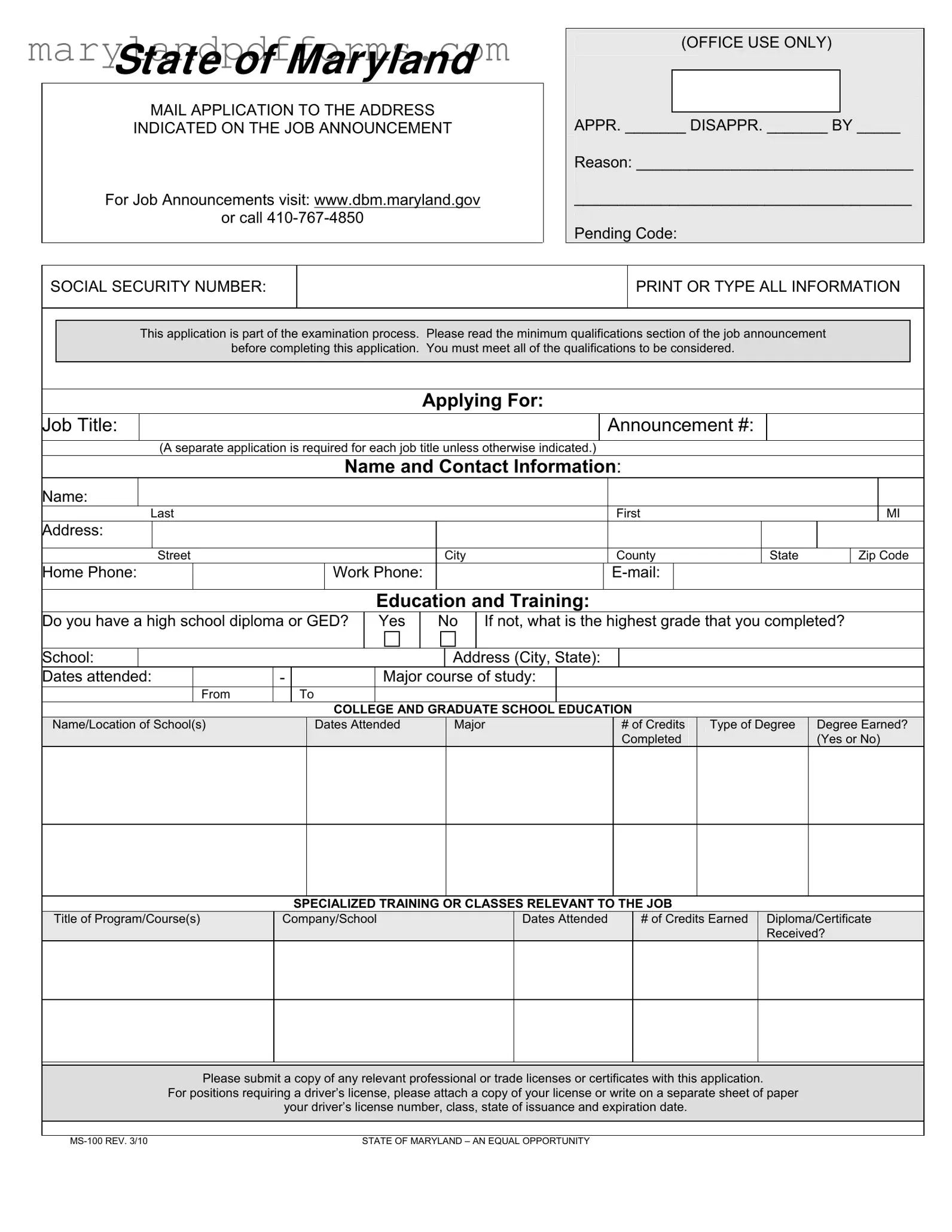 Blank Maryland State 100 Application Template