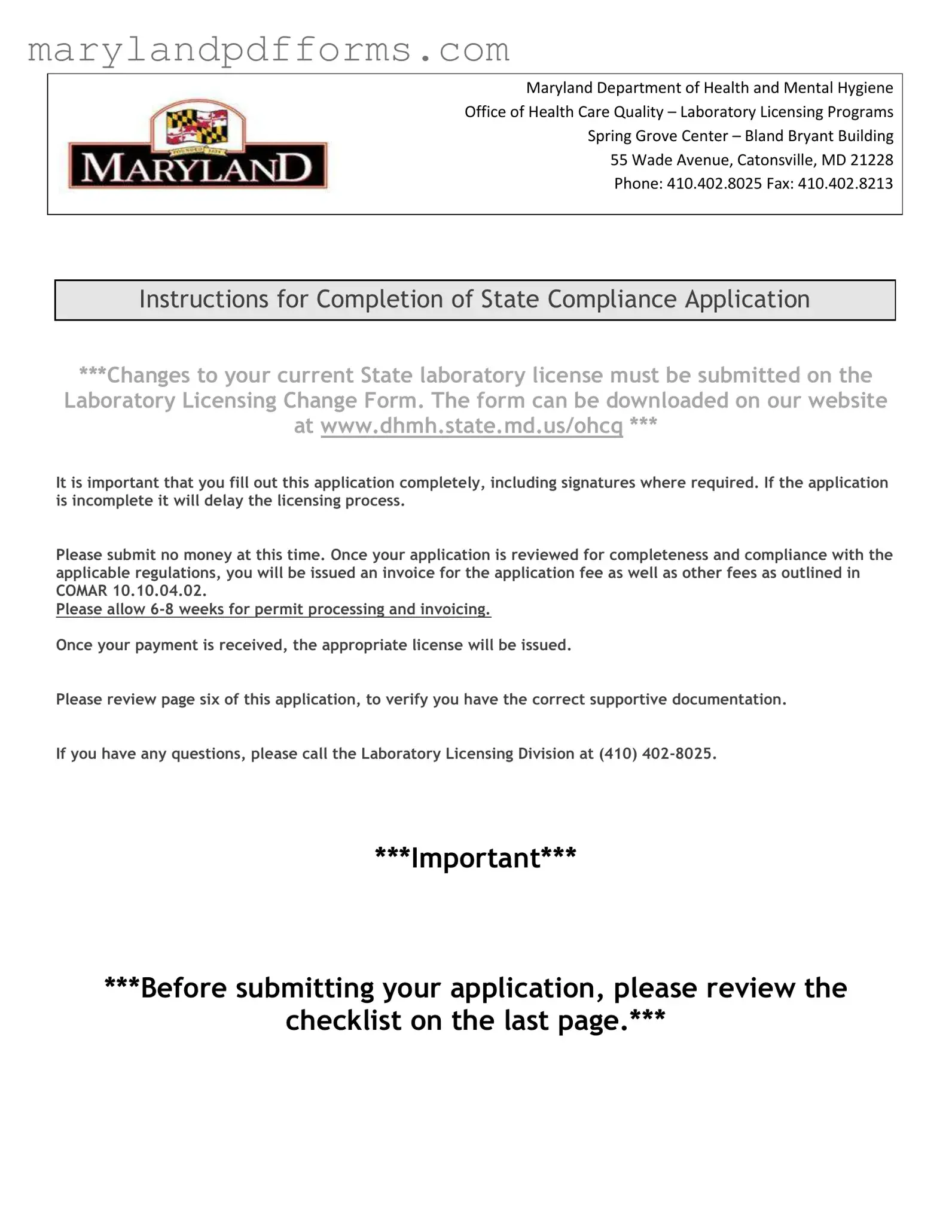 Blank Maryland State Compliance Application Template