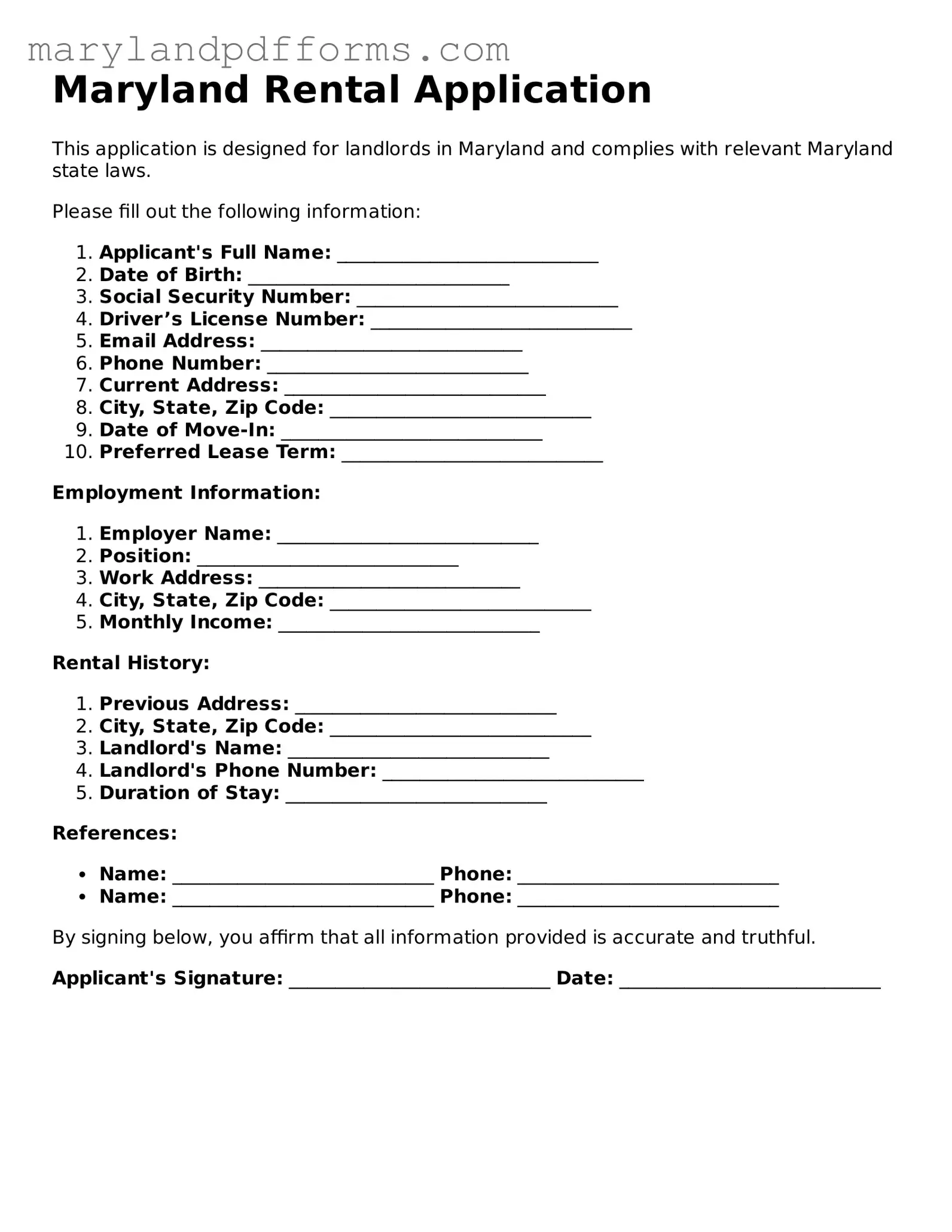 Free Rental Application Document for the State of Maryland