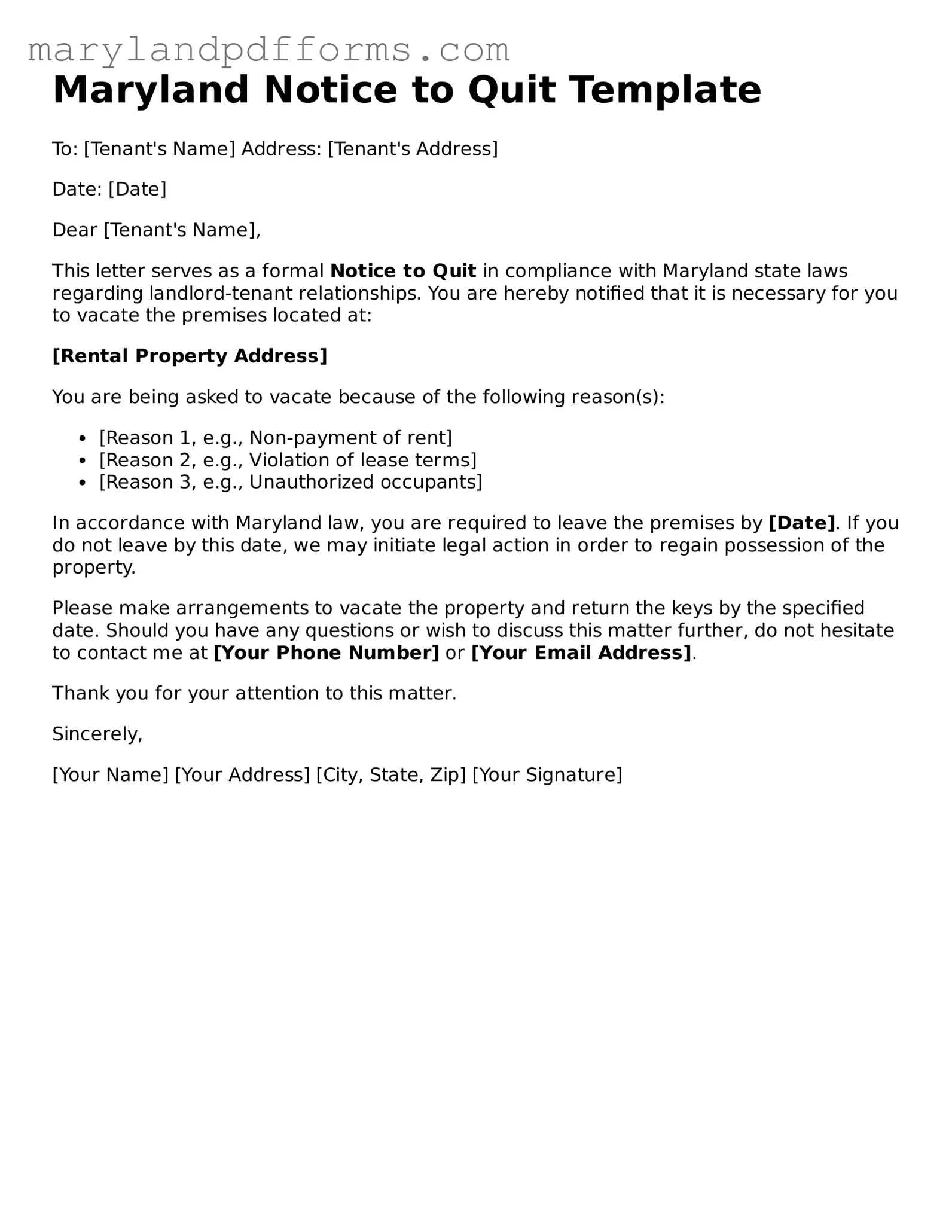 Free Notice to Quit Document for the State of Maryland