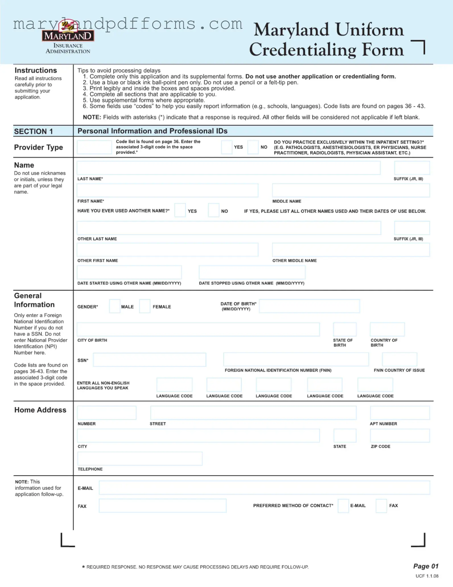 Blank Maryland Uniform Credentialing Template