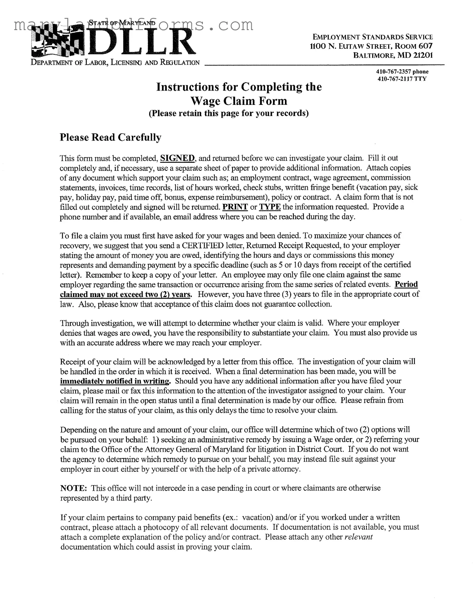 Blank Maryland Wage Claim Template