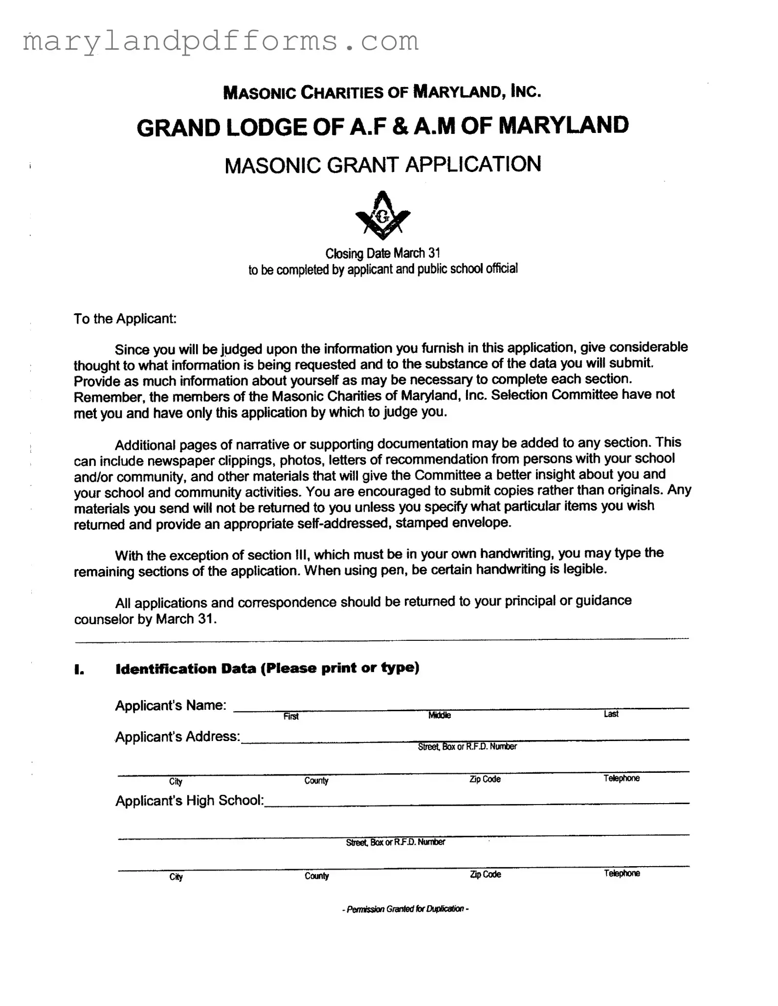 Blank Masonic Lodge Scholarship Application Maryland Template