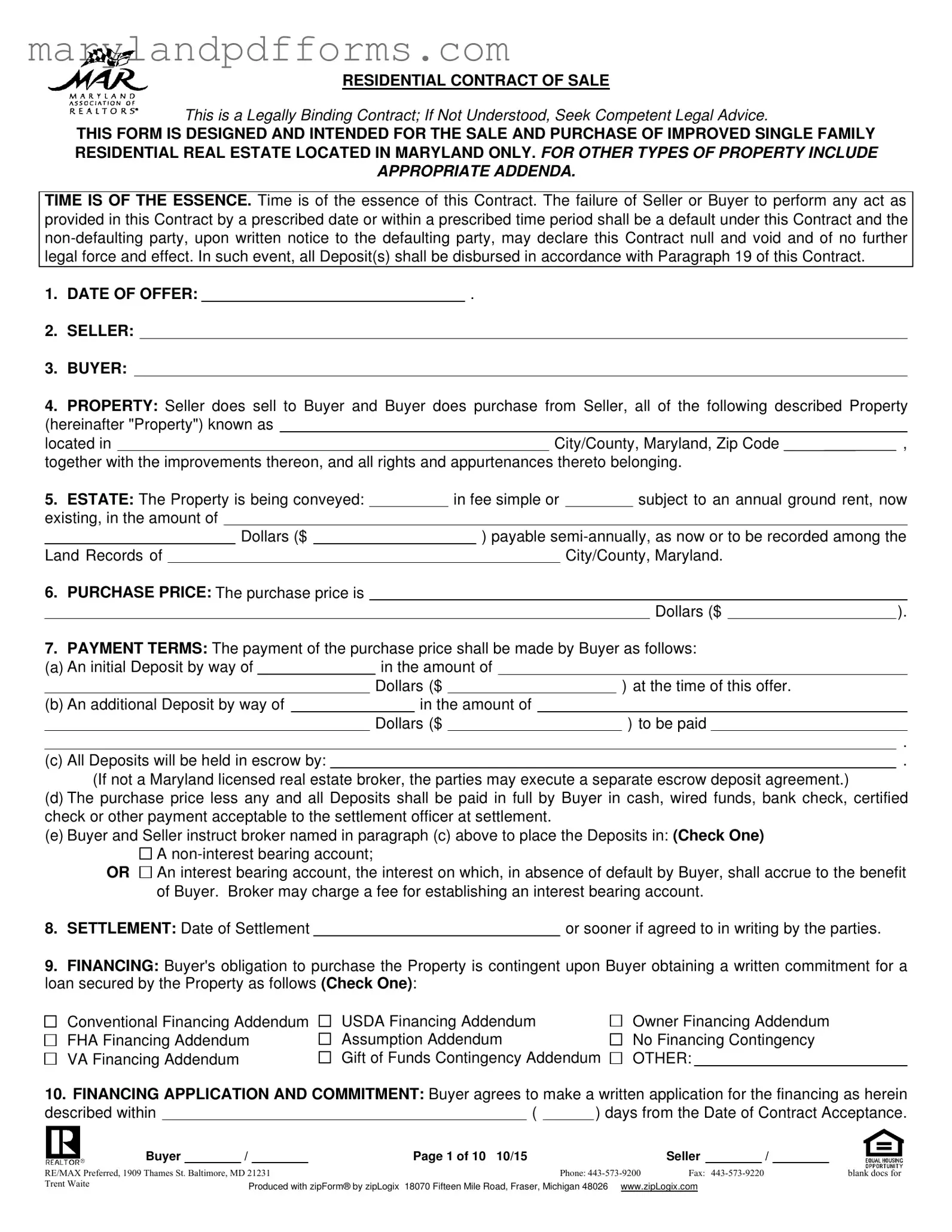 Blank Real Estate Sales Agreement In Maryland Template