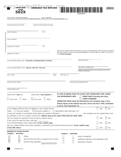 Blank Maryland 502X Template