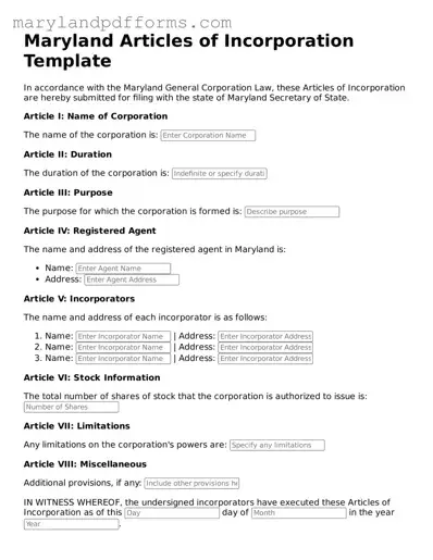 Free Articles of Incorporation Document for the State of Maryland