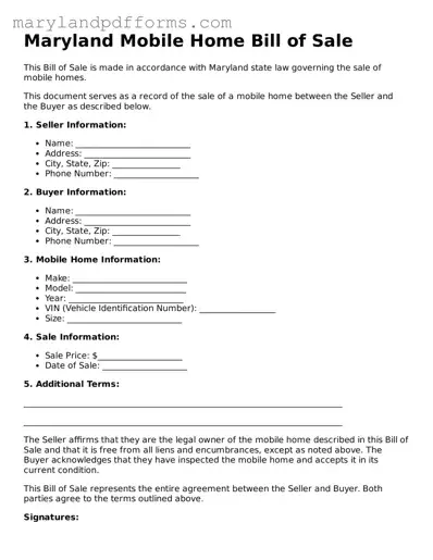 Free Mobile Home Bill of Sale Document for the State of Maryland