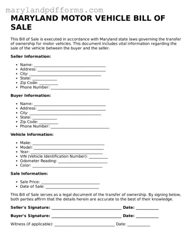 Free Motor Vehicle Bill of Sale Document for the State of Maryland
