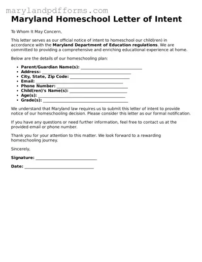 Free Homeschool Letter of Intent Document for the State of Maryland