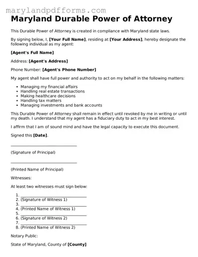 Free Durable Power of Attorney Document for the State of Maryland
