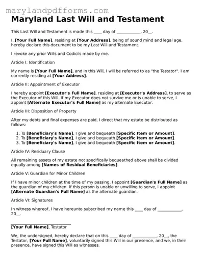 Free Last Will and Testament Document for the State of Maryland