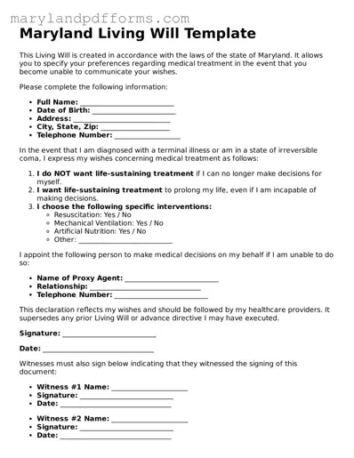 Free Living Will Document for the State of Maryland