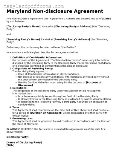Free Non-disclosure Agreement Document for the State of Maryland