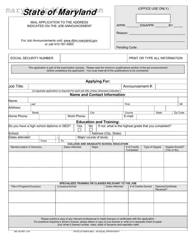 Blank Maryland State 100 Application Template