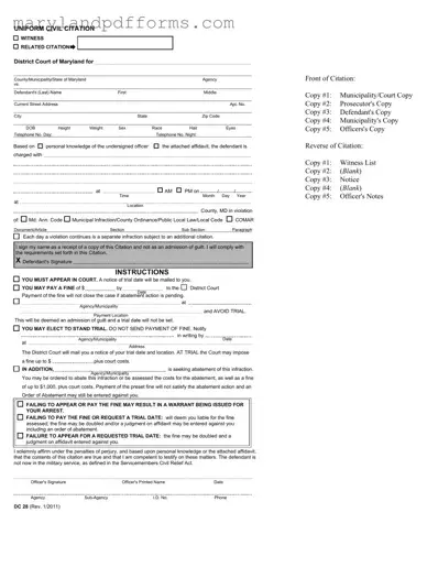 Blank Were Is The Citation Number On A Maryland Civil Citation Template